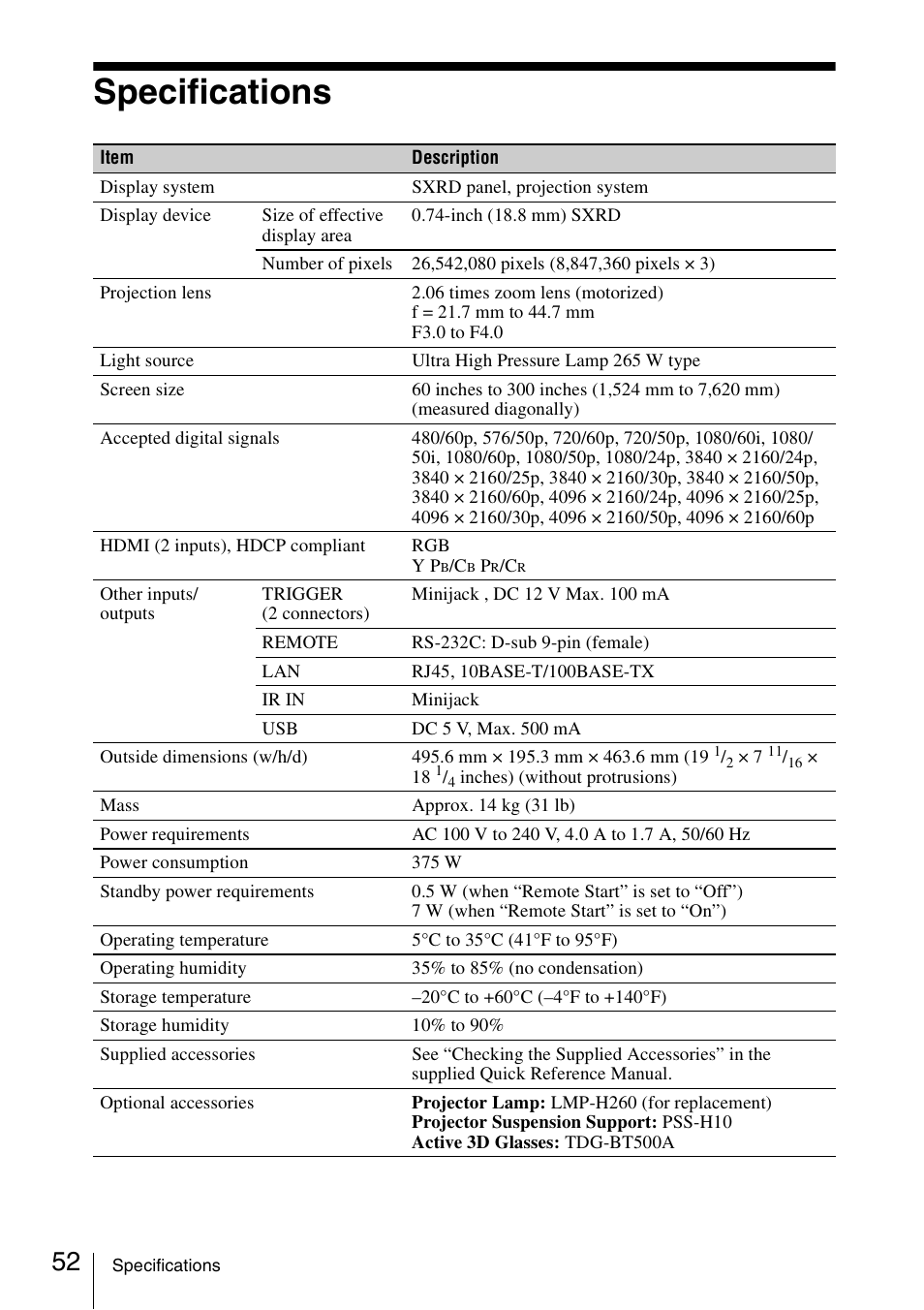 Specifications | Sony VPL-VW600ES User Manual | Page 52 / 88