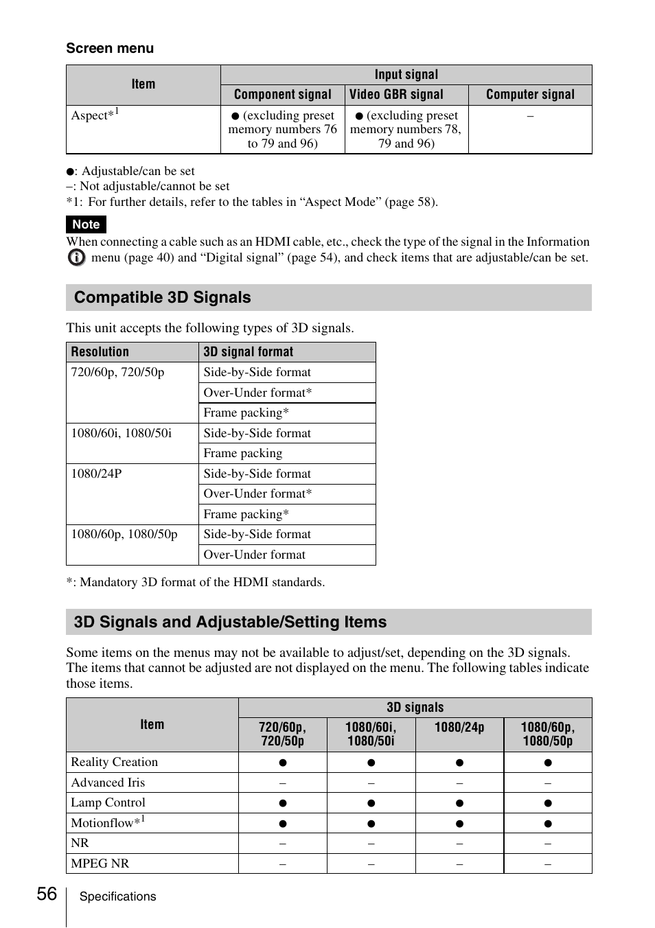 Compatible 3d signals, 3d signals and adjustable/setting items, Items | Sony VPL-VW600ES User Manual | Page 56 / 88