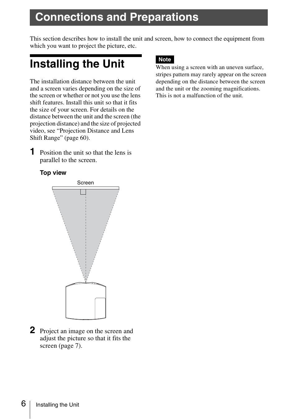 Connections and preparations, Installing the unit | Sony VPL-VW600ES User Manual | Page 6 / 88