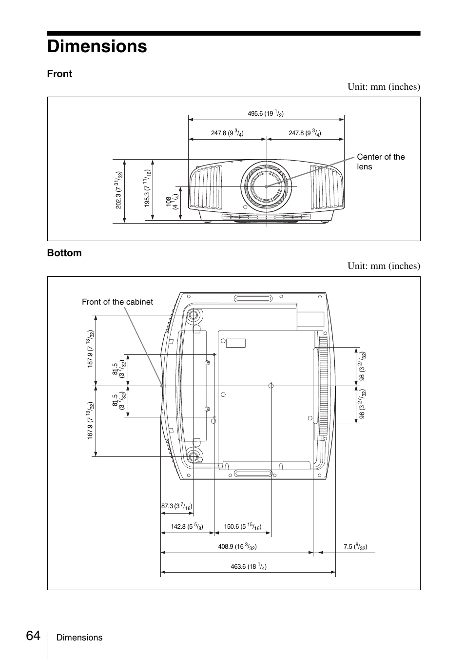 Dimensions, Front unit: mm (inches) bottom unit: mm (inches) | Sony VPL-VW600ES User Manual | Page 64 / 88