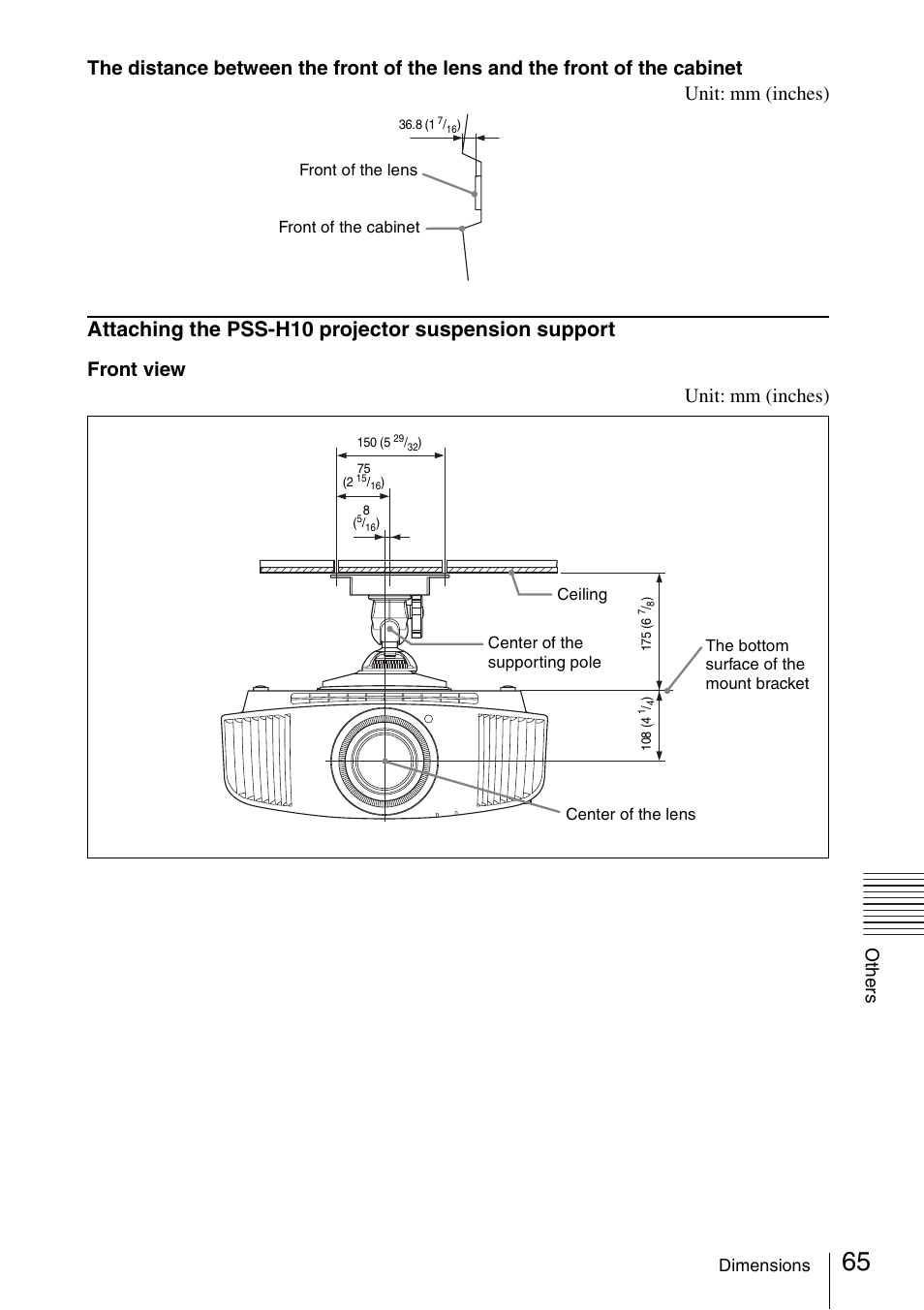 Attaching the pss-h10 projector suspension support, Front view unit: mm (inches), Other s | Sony VPL-VW600ES User Manual | Page 65 / 88