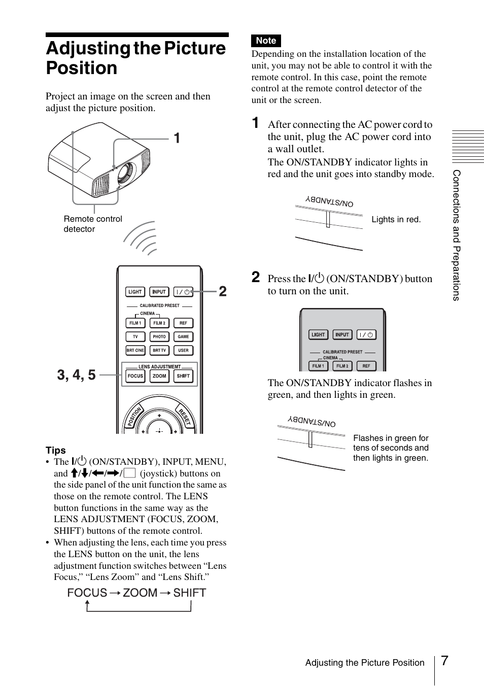 Adjusting the picture position | Sony VPL-VW600ES User Manual | Page 7 / 88