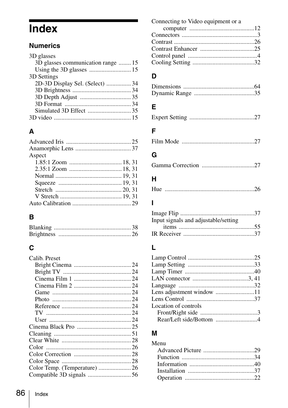 Index | Sony VPL-VW600ES User Manual | Page 86 / 88