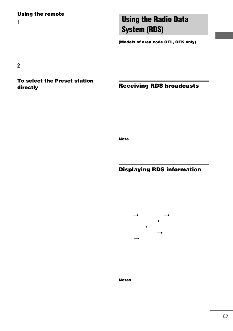 Using the radio data system (rds), Models of area code cel, cek only), Receiving rds broadcasts | Displaying rds information | Sony STR-DA1000ES User Manual | Page 27 / 56