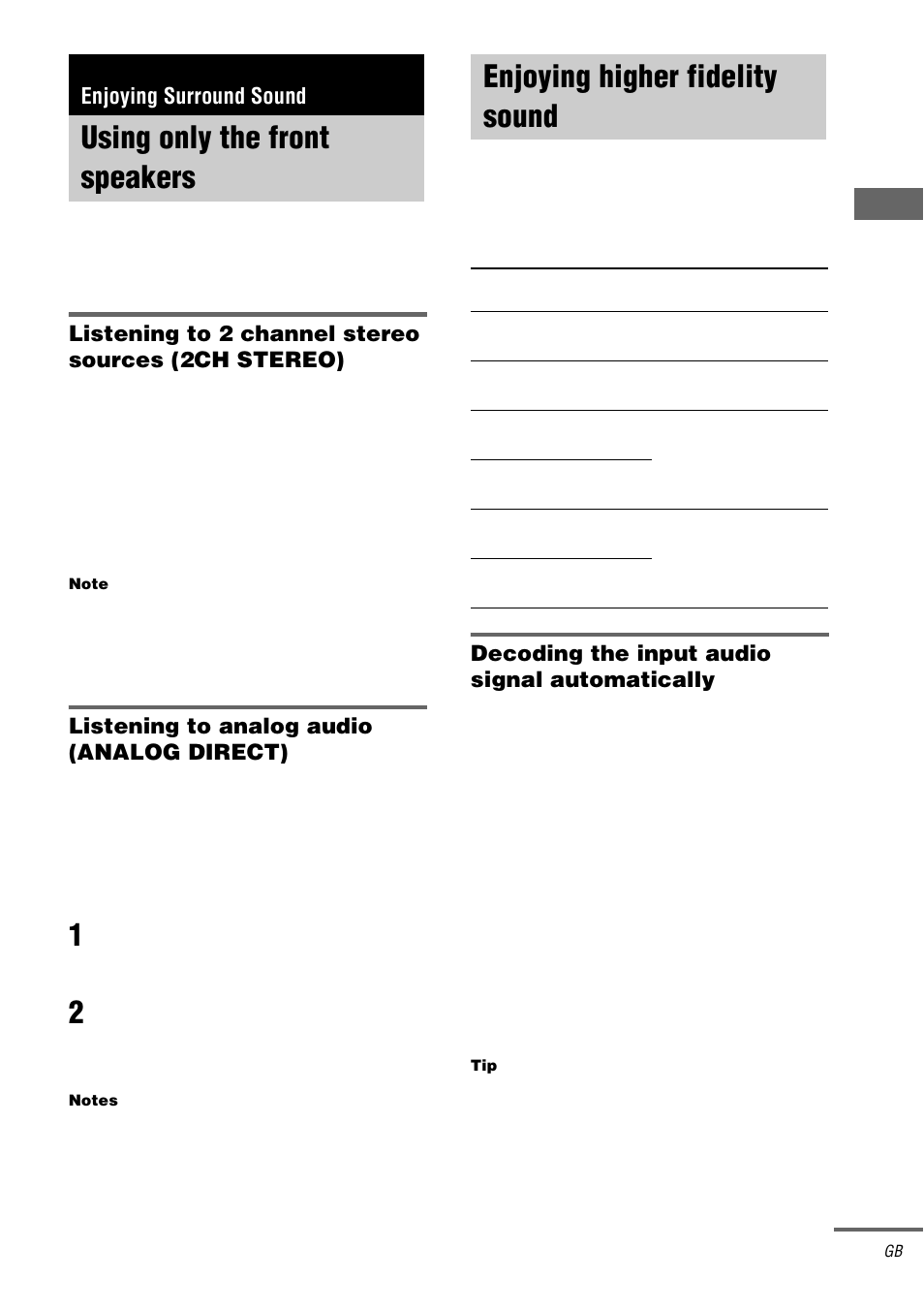 Enjoying surround sound, Using only the front speakers, Enjoying higher fidelity sound | Auto format direct | Sony STR-DA1000ES User Manual | Page 31 / 56