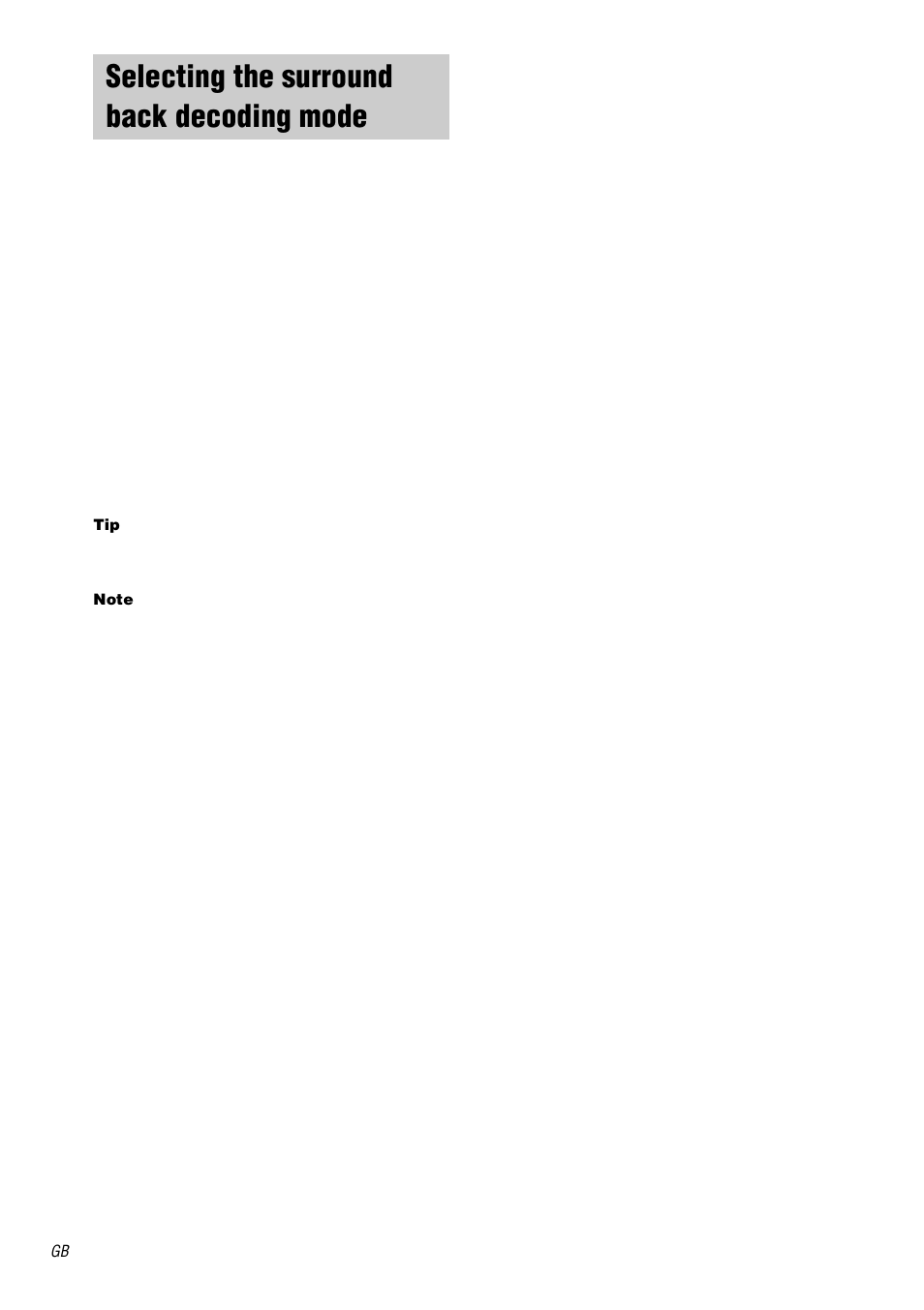 Selecting the surround back decoding mode, Surr back decoding, Selecting the surround back decoding | Mode — surr back decoding | Sony STR-DA1000ES User Manual | Page 34 / 56