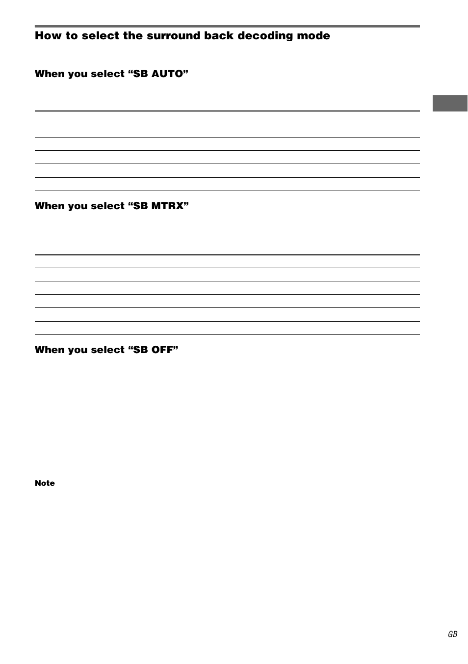 How to select the surround back decoding mode, Enj o y ing su rr oun d sou n d, When you select “sb auto | When you select “sb mtrx, When you select “sb off | Sony STR-DA1000ES User Manual | Page 35 / 56