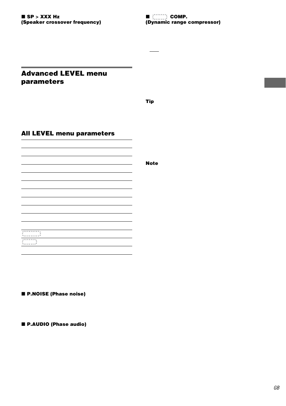 Advanced level menu parameters, All level menu parameters | Sony STR-DA1000ES User Manual | Page 41 / 56