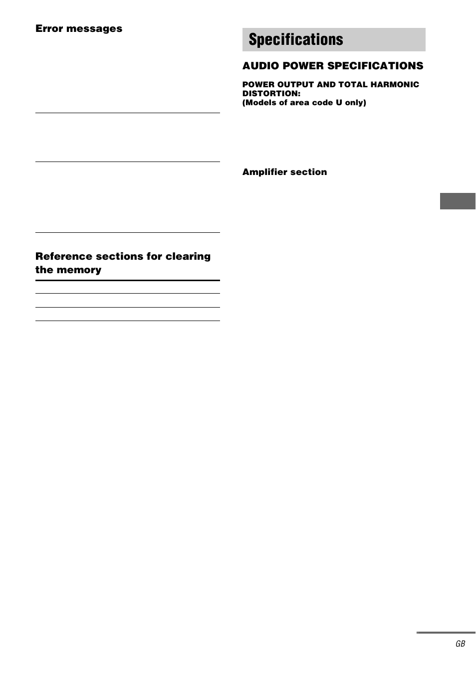 Specifications, Ad d itiona l in fo rm ation, Error messages | Sony STR-DA1000ES User Manual | Page 49 / 56
