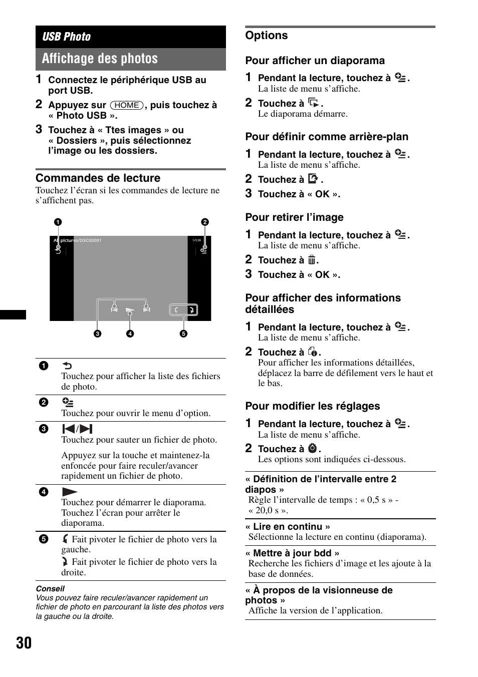 Usb photo, Affichage des photos, Commandes de lecture | Options, Commandes de lecture options | Sony XAV-601BT User Manual | Page 100 / 220