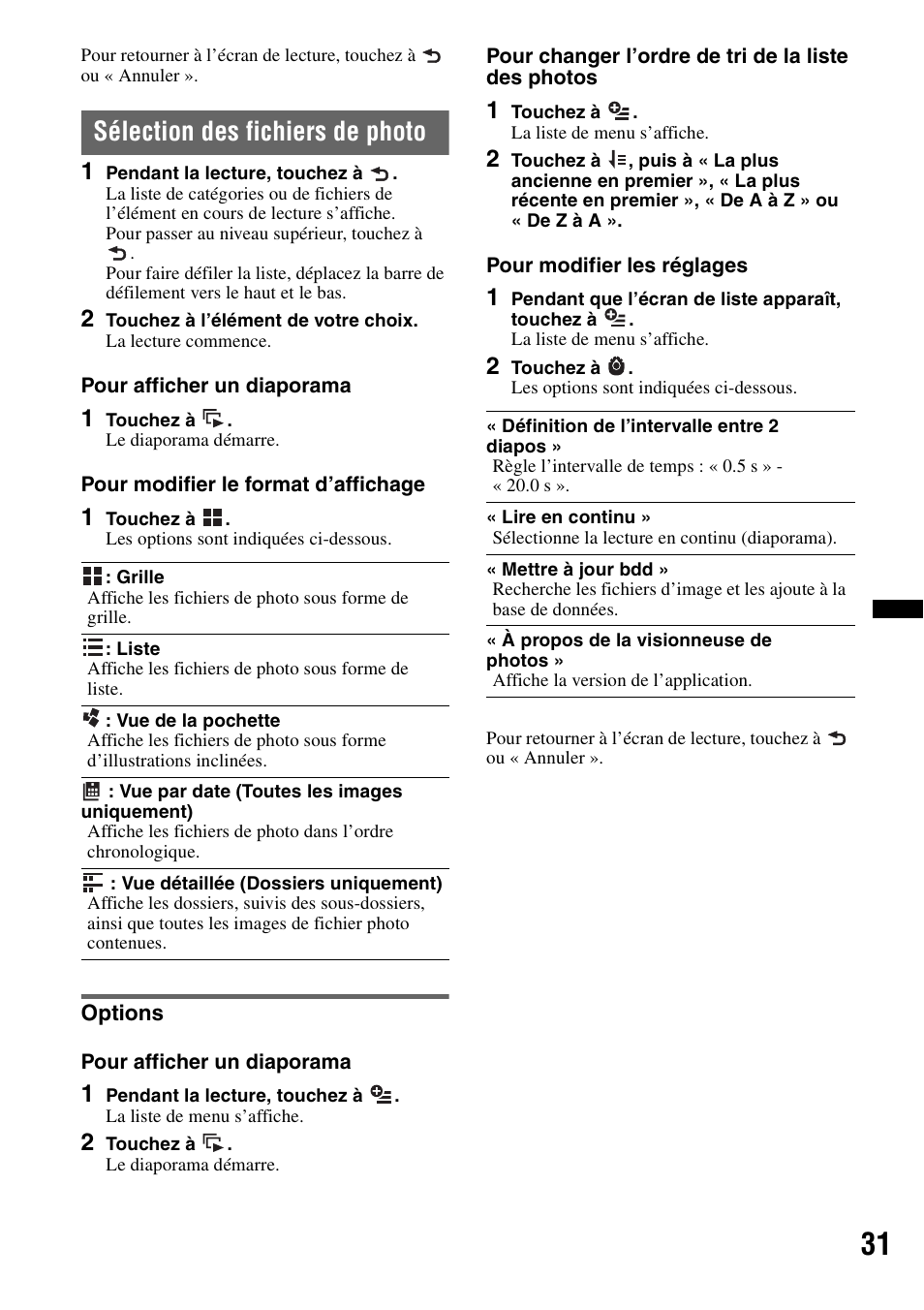 Sélection des fichiers de photo, Options | Sony XAV-601BT User Manual | Page 101 / 220