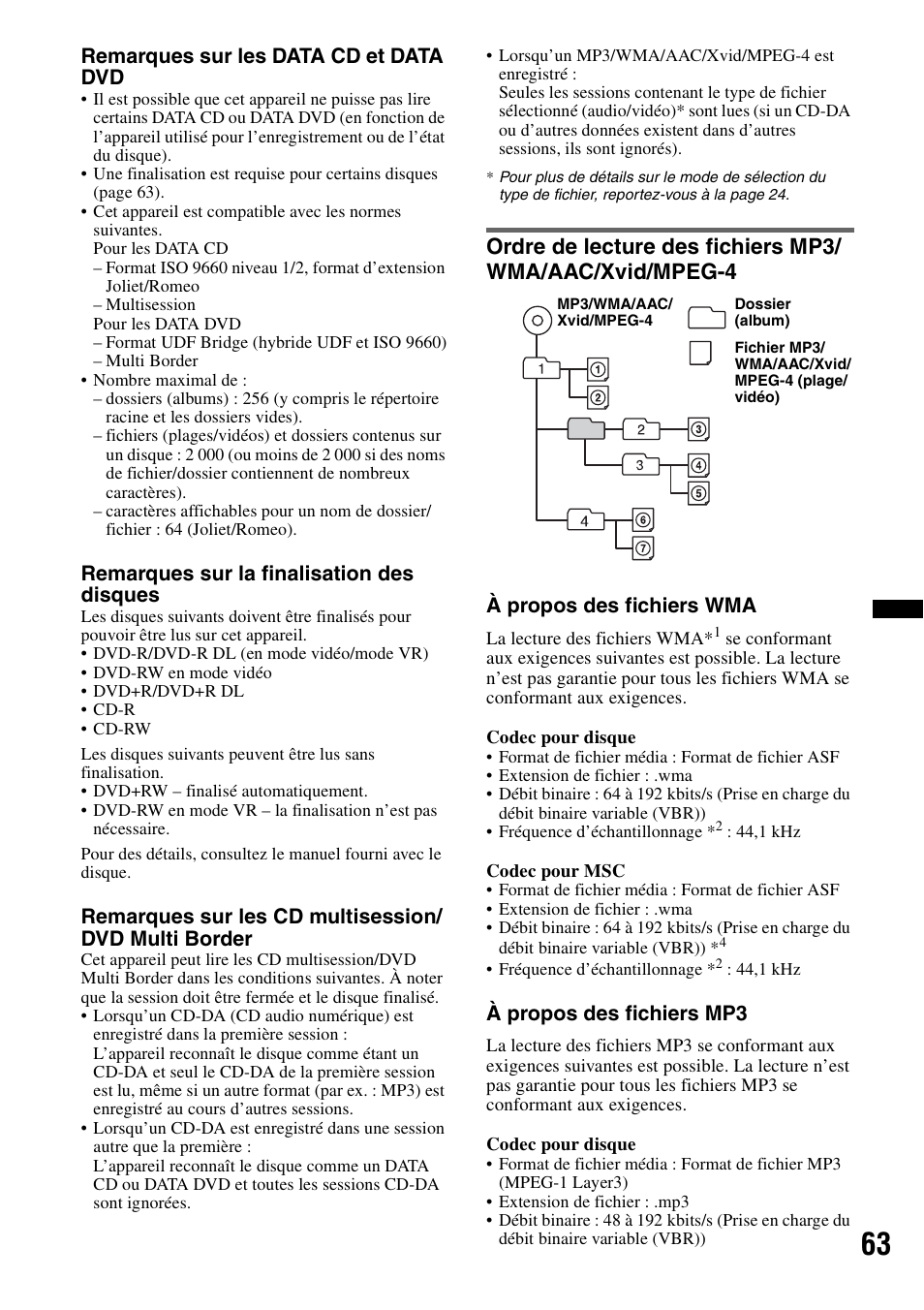 Remarques sur les data cd et data dvd, Remarques sur la finalisation des disques, À propos des fichiers wma | À propos des fichiers mp3 | Sony XAV-601BT User Manual | Page 133 / 220