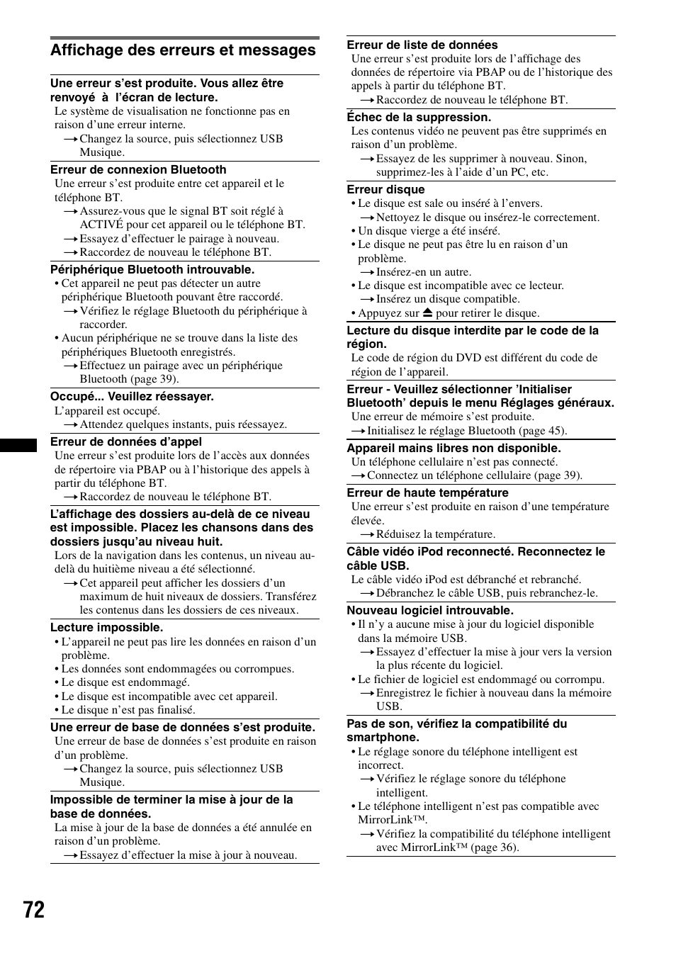 Affichage des erreurs et messages | Sony XAV-601BT User Manual | Page 142 / 220