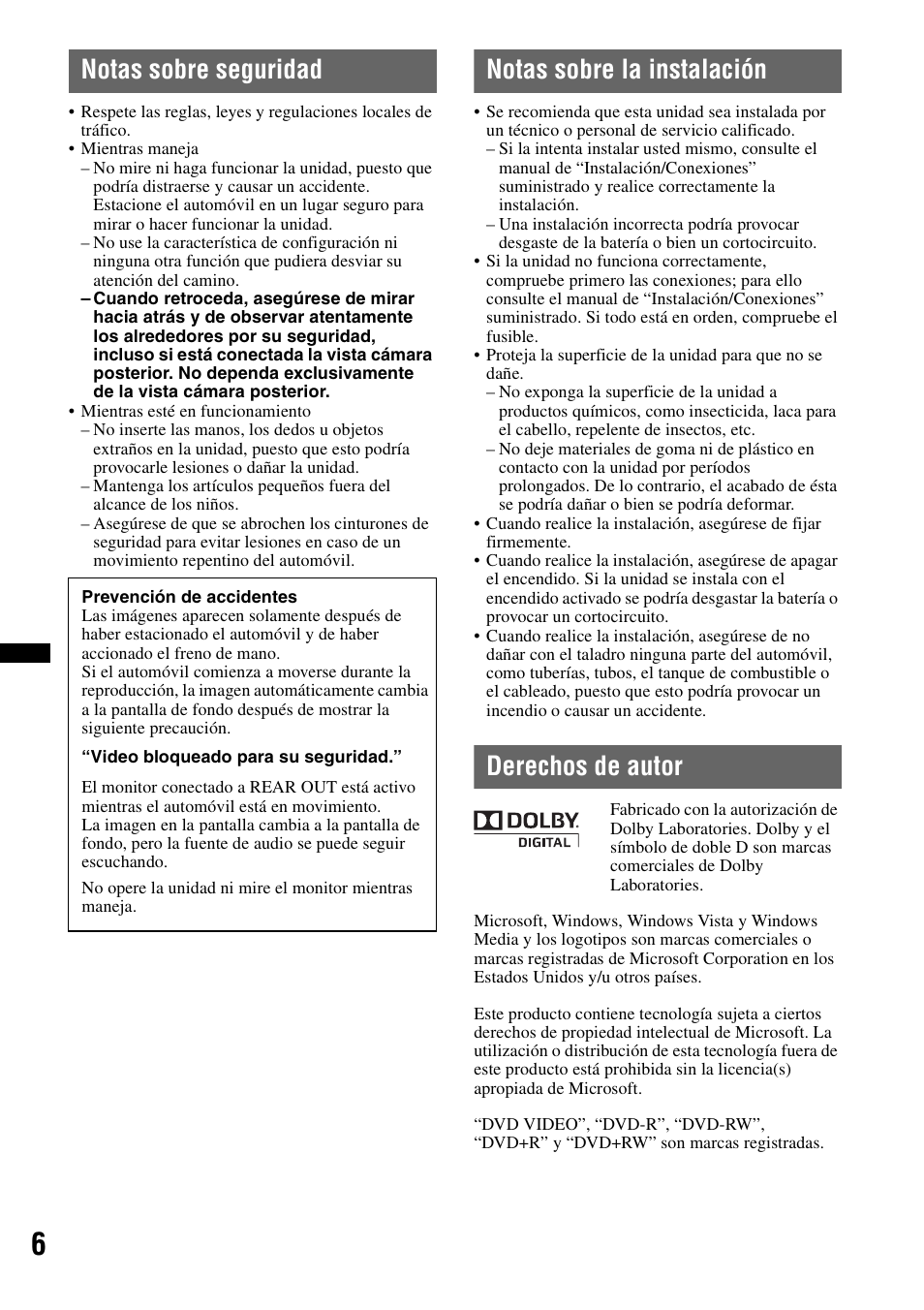 Notas sobre seguridad, Notas sobre la instalación, Derechos de autor | Sony XAV-601BT User Manual | Page 150 / 220