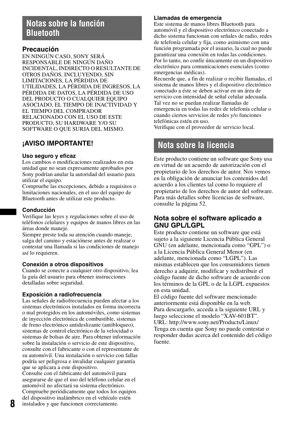 Notas sobre la función bluetooth, Nota sobre la licencia | Sony XAV-601BT User Manual | Page 152 / 220