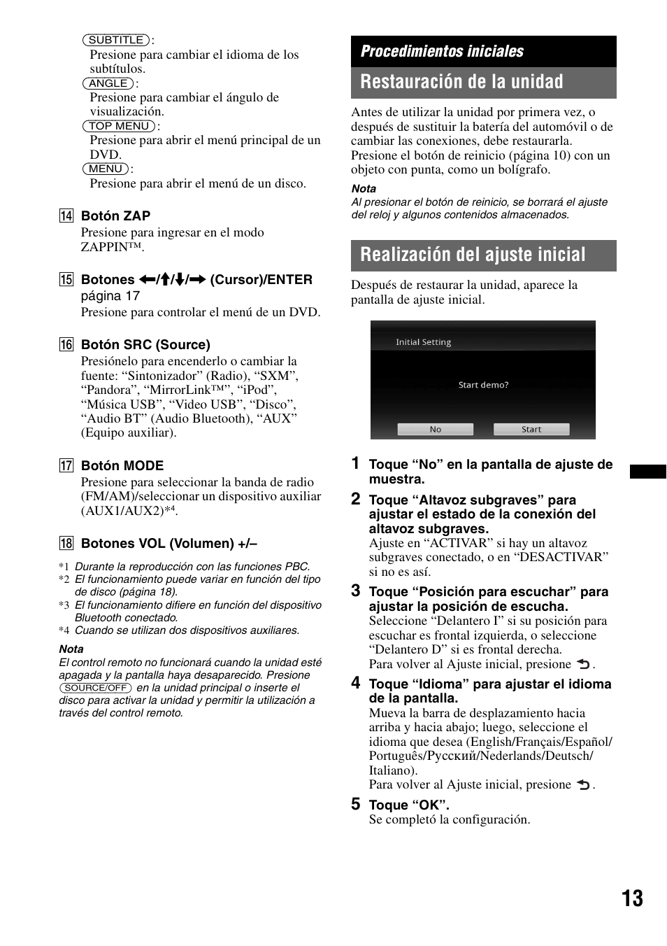 Procedimientos iniciales, Restauración de la unidad, Realización del ajuste inicial | Sony XAV-601BT User Manual | Page 157 / 220