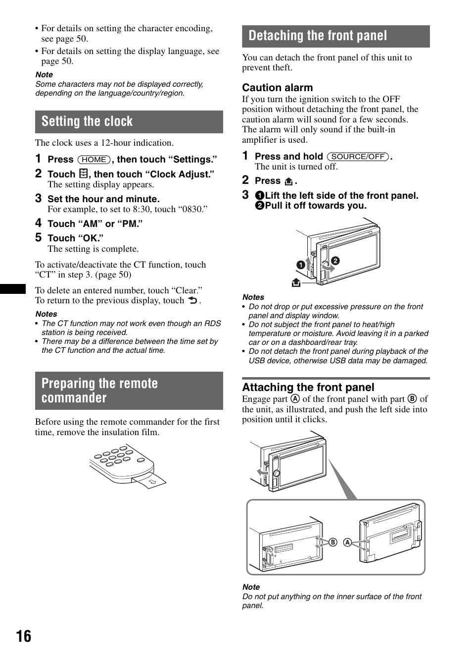 Setting the clock, Preparing the remote commander, Detaching the front panel | Attaching the front panel | Sony XAV-601BT User Manual | Page 16 / 220