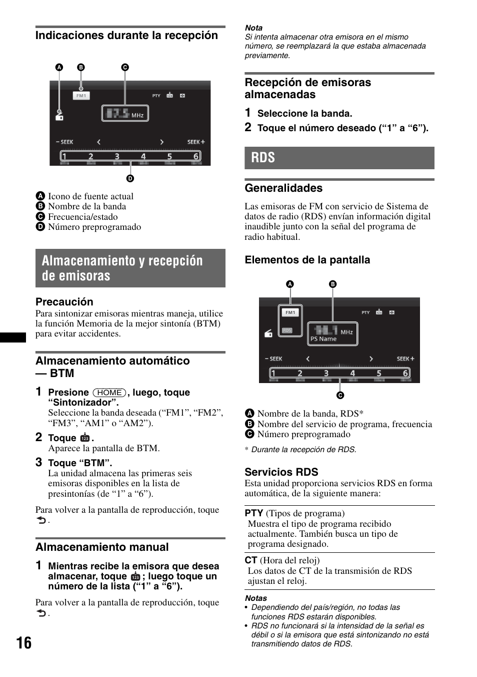 Indicaciones durante la recepción, Almacenamiento y recepción de emisoras, Almacenamiento automático - btm | Almacenamiento manual, Recepción de emisoras almacenadas, Generalidades | Sony XAV-601BT User Manual | Page 160 / 220