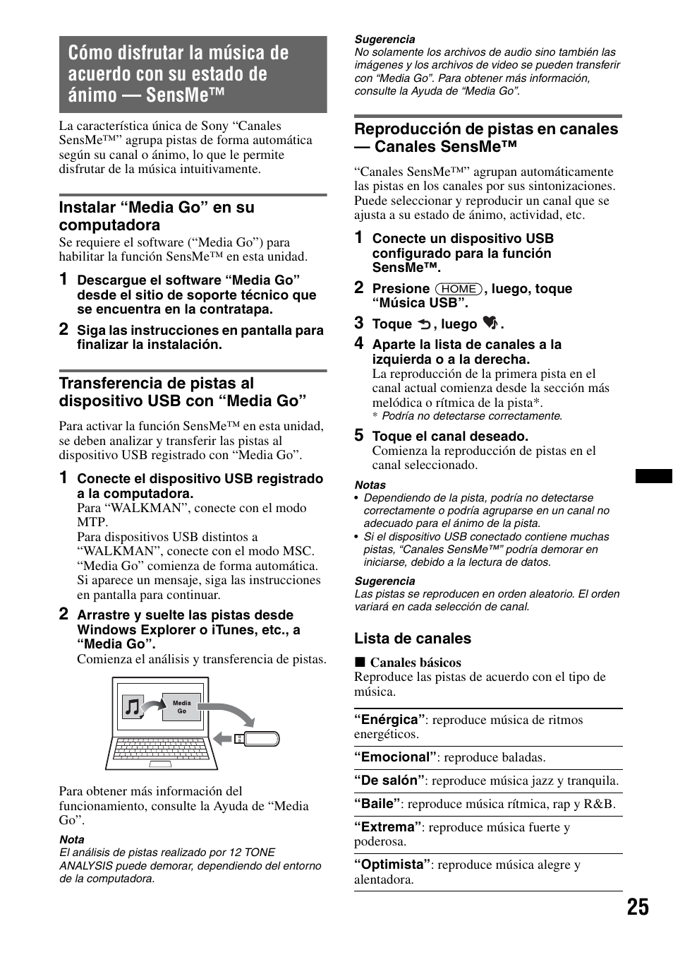 Instalar “media go” en su computadora, Reproducción de pistas en canales - canales sensme | Sony XAV-601BT User Manual | Page 169 / 220