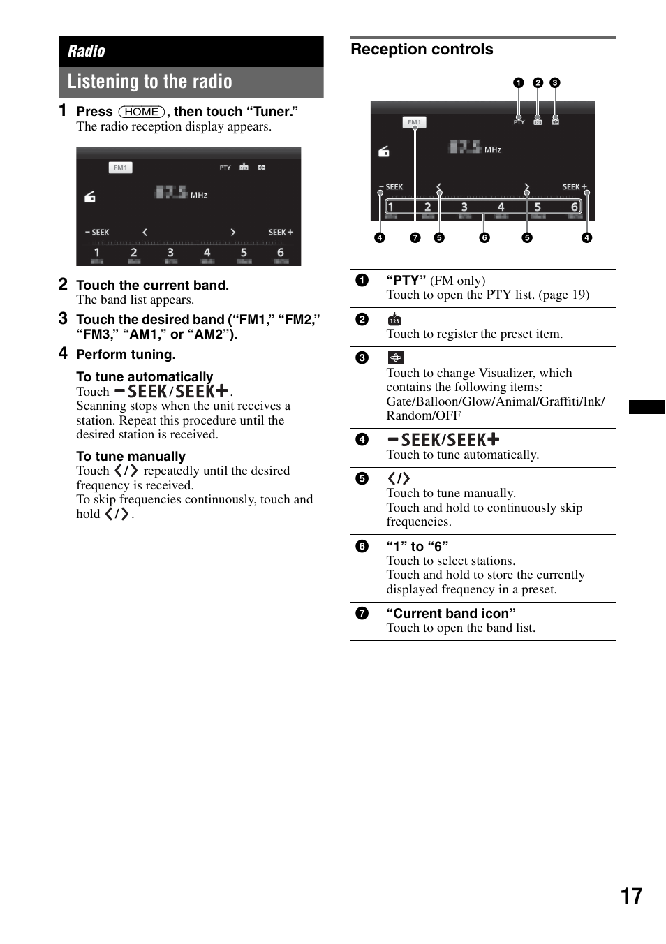 Radio, Listening to the radio, Reception controls | Sony XAV-601BT User Manual | Page 17 / 220