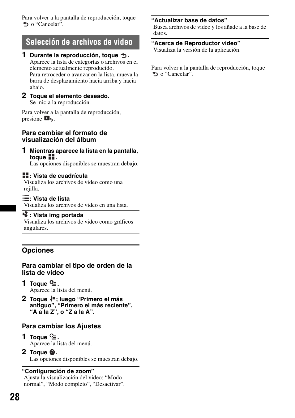 Selección de archivos de video, Opciones | Sony XAV-601BT User Manual | Page 172 / 220