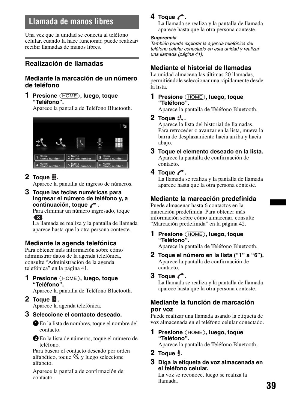 Llamada de manos libres, Realización de llamadas | Sony XAV-601BT User Manual | Page 183 / 220