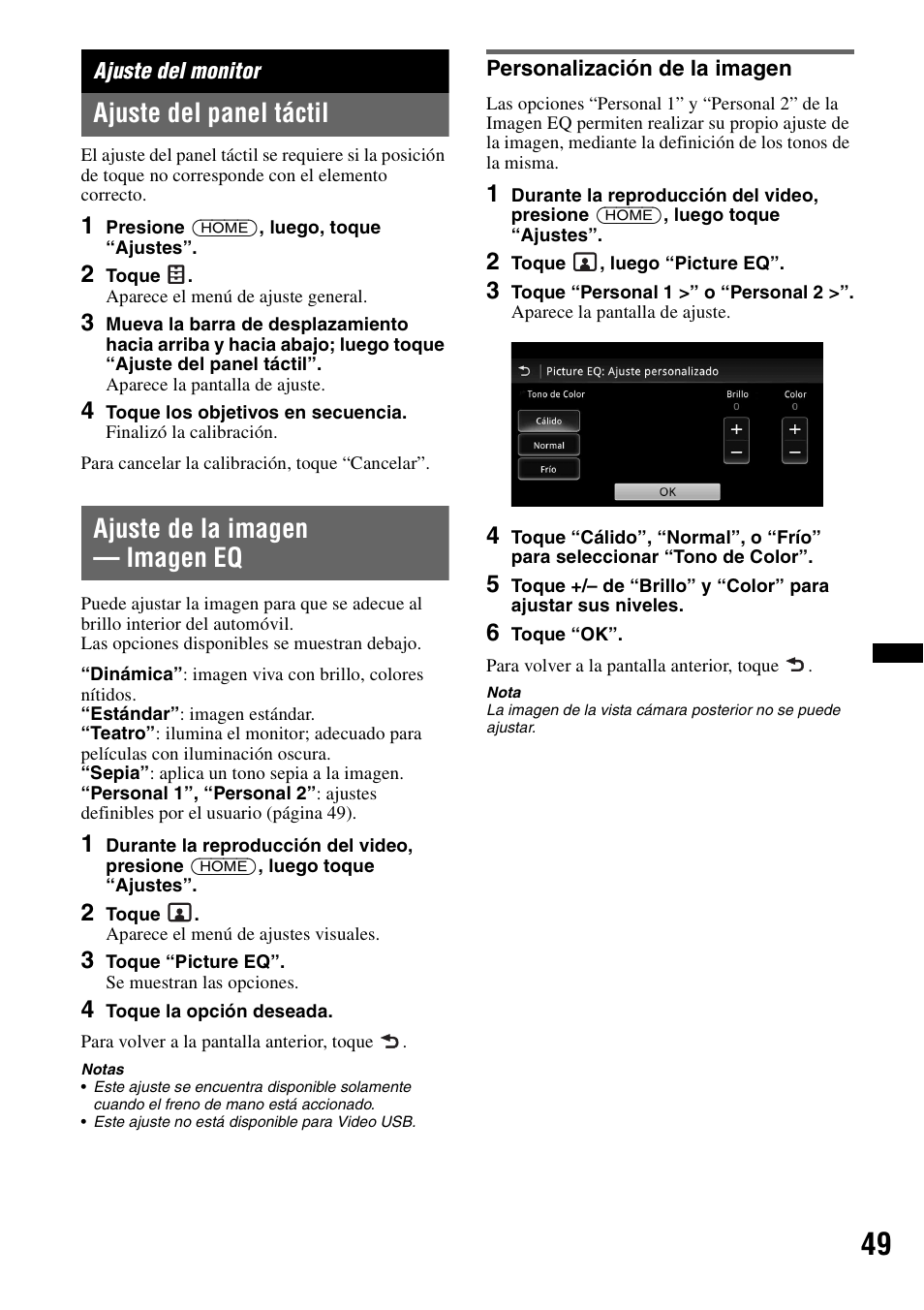 Ajuste del monitor, Ajuste del panel táctil, Ajuste de la imagen - imagen eq | Personalización de la imagen, Ajuste de la imagen — imagen eq | Sony XAV-601BT User Manual | Page 193 / 220