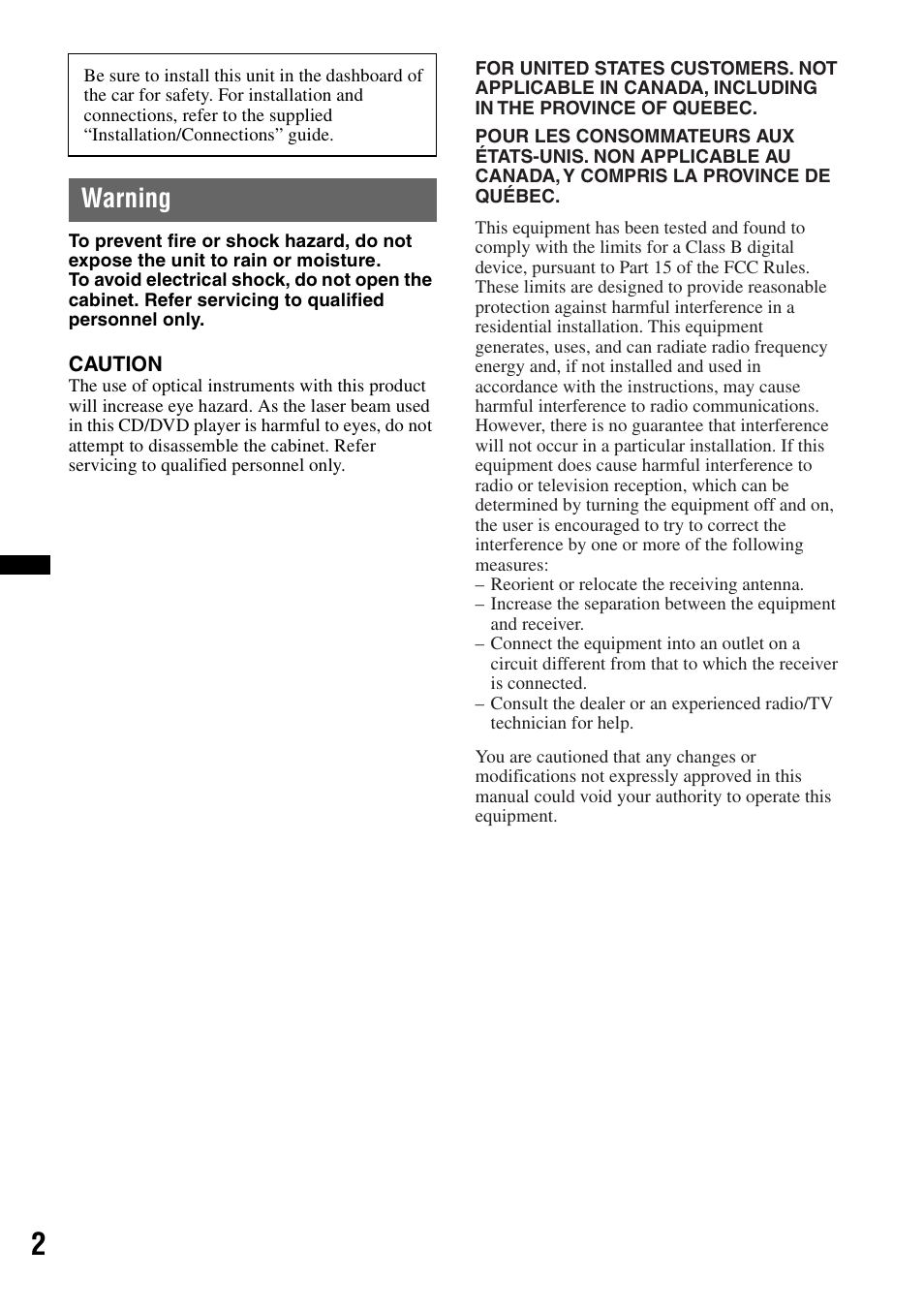 Warning | Sony XAV-601BT User Manual | Page 2 / 220