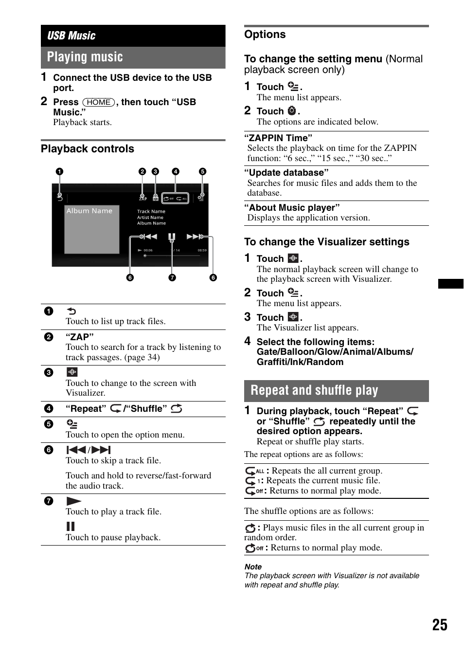 Usb music, Playing music, Playback controls | Options, Repeat and shuffle play, Playback controls options | Sony XAV-601BT User Manual | Page 25 / 220