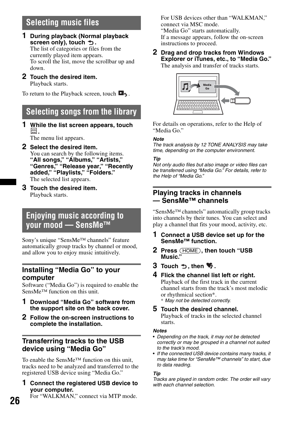 Selecting music files, Selecting songs from the library, Enjoying music according to your mood - sensme | Installing “media go” to your computer, Playing tracks in channels - sensme™ channels, Enjoying music according to your mood — sensme | Sony XAV-601BT User Manual | Page 26 / 220