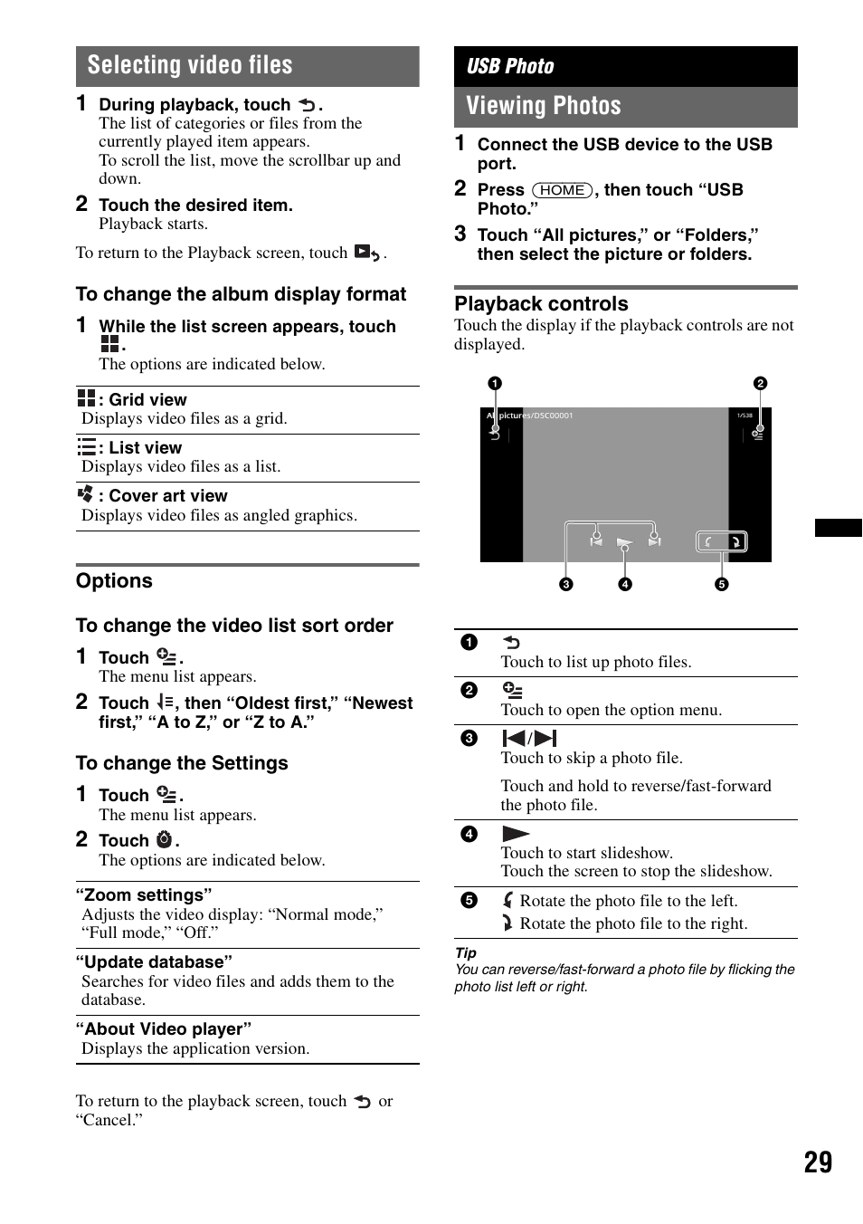 Selecting video files, Options, Usb photo | Viewing photos, Playback controls | Sony XAV-601BT User Manual | Page 29 / 220