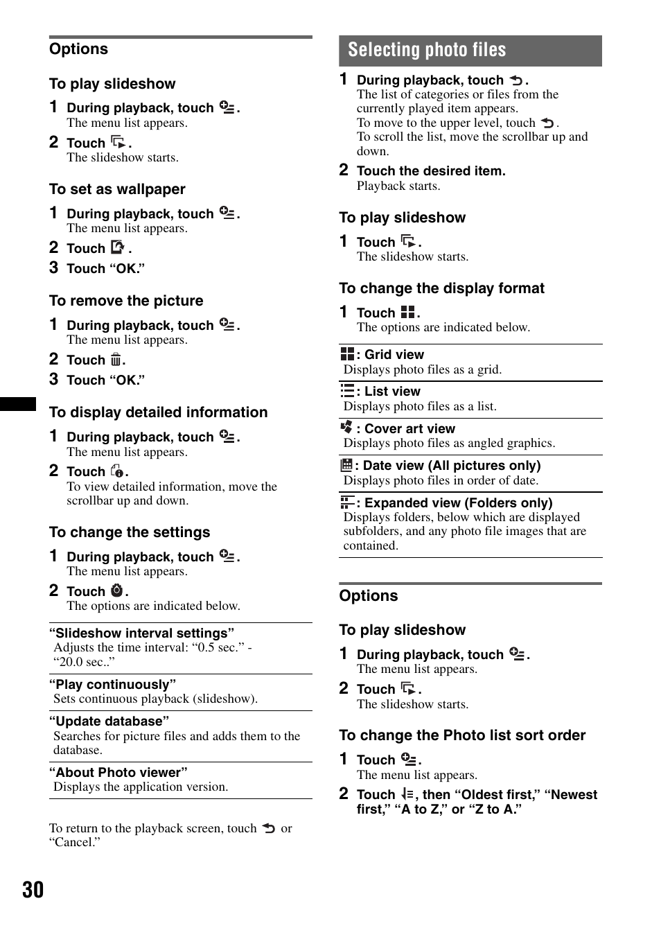 Options, Selecting photo files | Sony XAV-601BT User Manual | Page 30 / 220