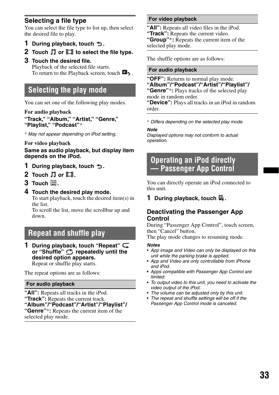 Selecting a file type, Selecting the play mode, Repeat and shuffle play | Operating an ipod directly - passenger app control, Operating an ipod directly — passenger app control | Sony XAV-601BT User Manual | Page 33 / 220