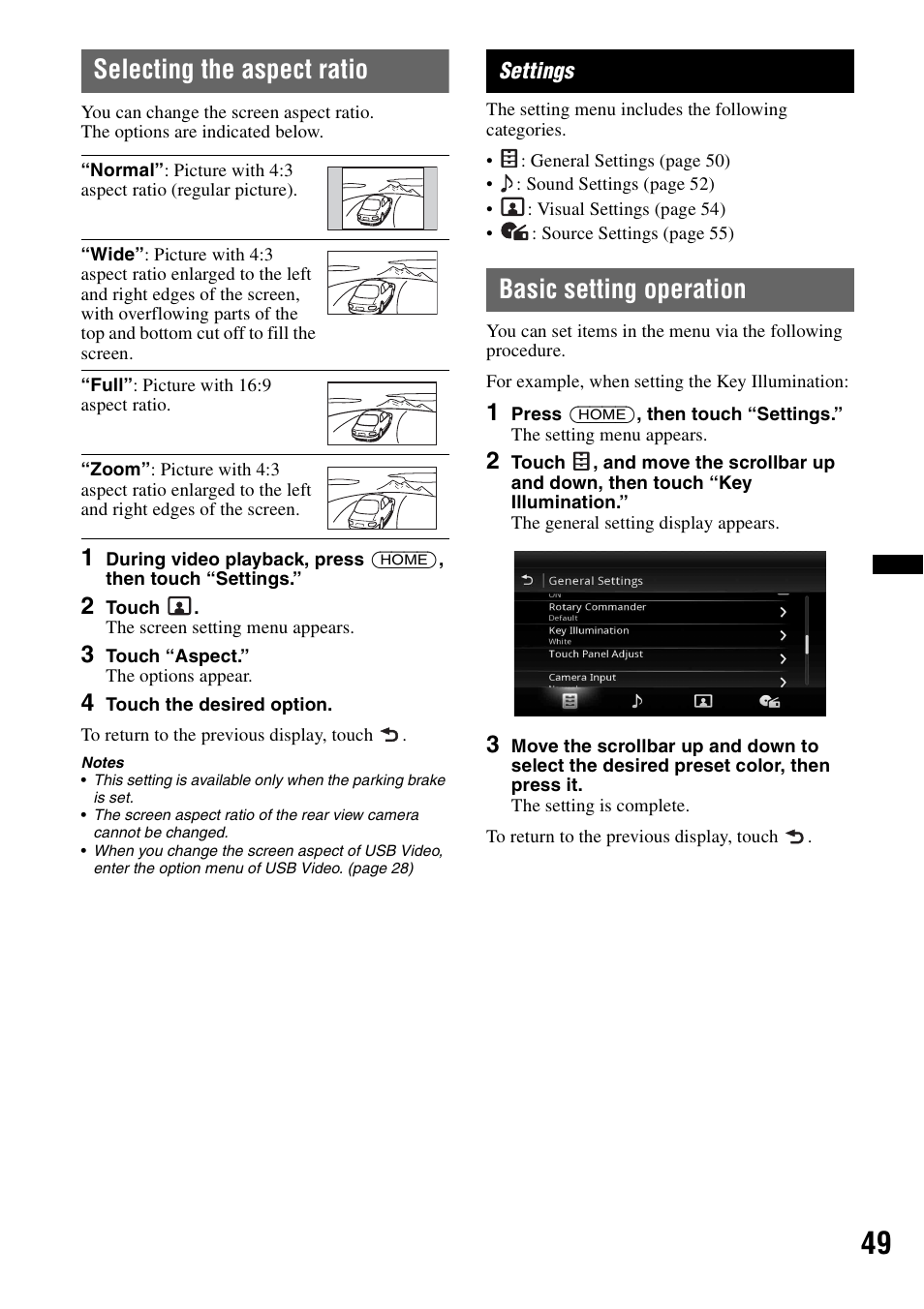 Selecting the aspect ratio, Settings, Basic setting operation | Sony XAV-601BT User Manual | Page 49 / 220