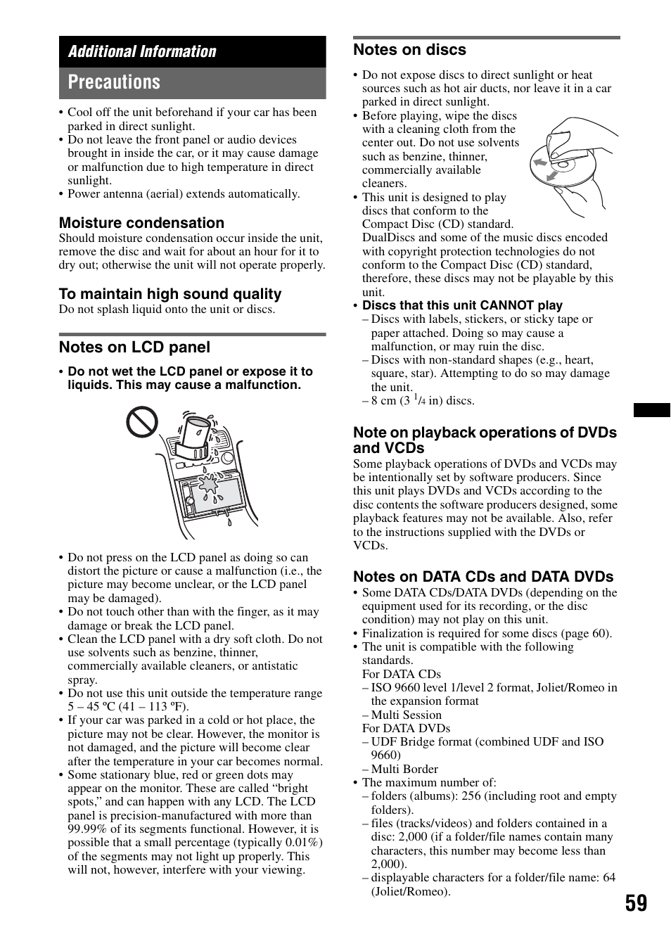 Additional information, Precautions, Notes on lcd panel | Notes on discs, Notes on lcd panel notes on discs | Sony XAV-601BT User Manual | Page 59 / 220