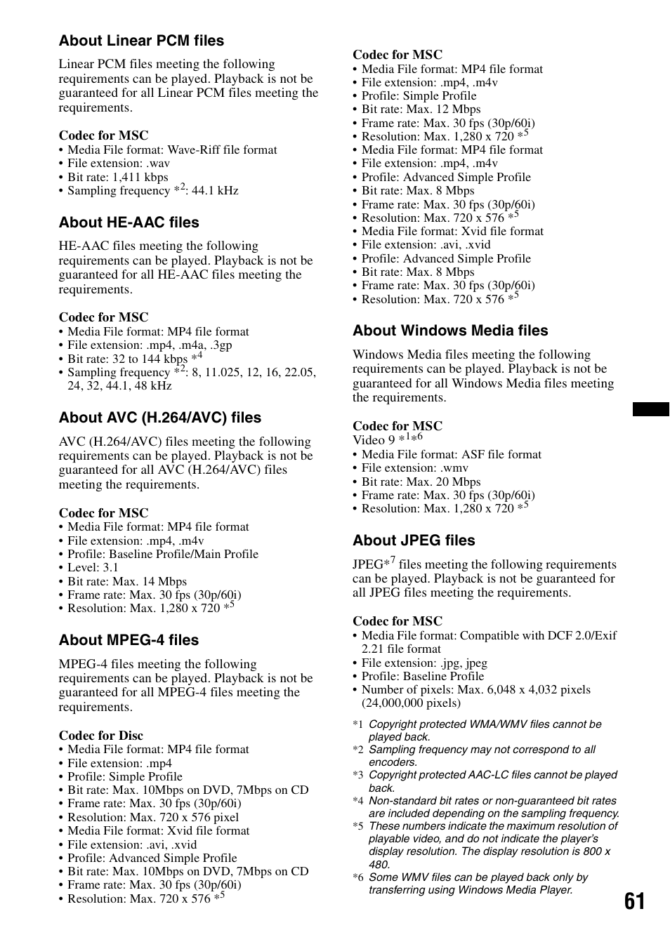 About linear pcm files, About he-aac files, About avc (h.264/avc) files | About mpeg-4 files, About windows media files, About jpeg files | Sony XAV-601BT User Manual | Page 61 / 220