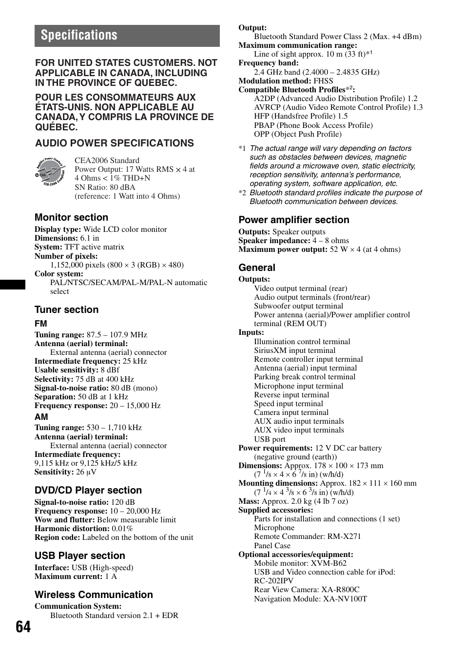 Specifications, Wireless communication, General | Audio power specifications | Sony XAV-601BT User Manual | Page 64 / 220