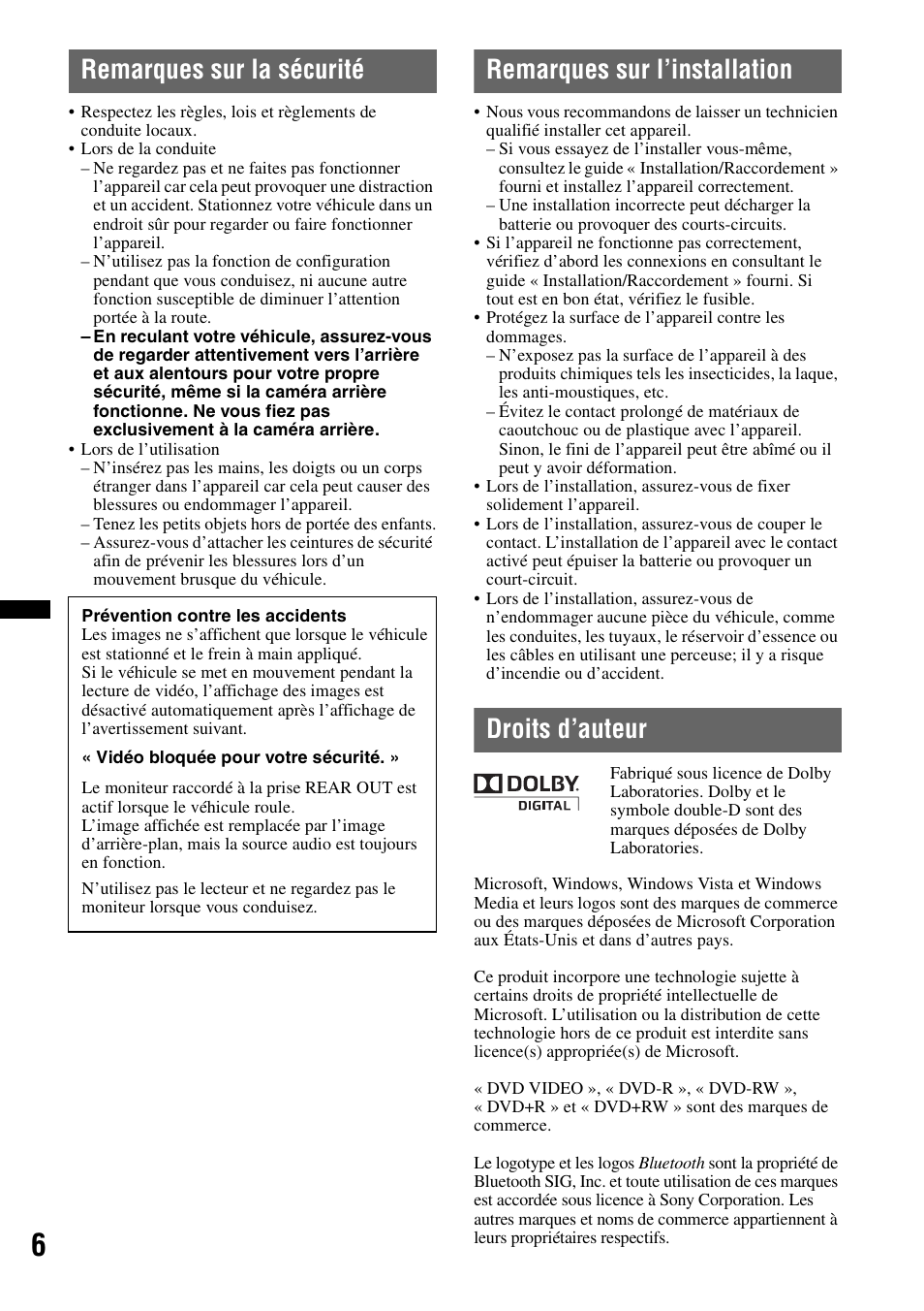 Remarques sur la sécurité, Remarques sur l’installation, Droits d’auteur | Sony XAV-601BT User Manual | Page 76 / 220