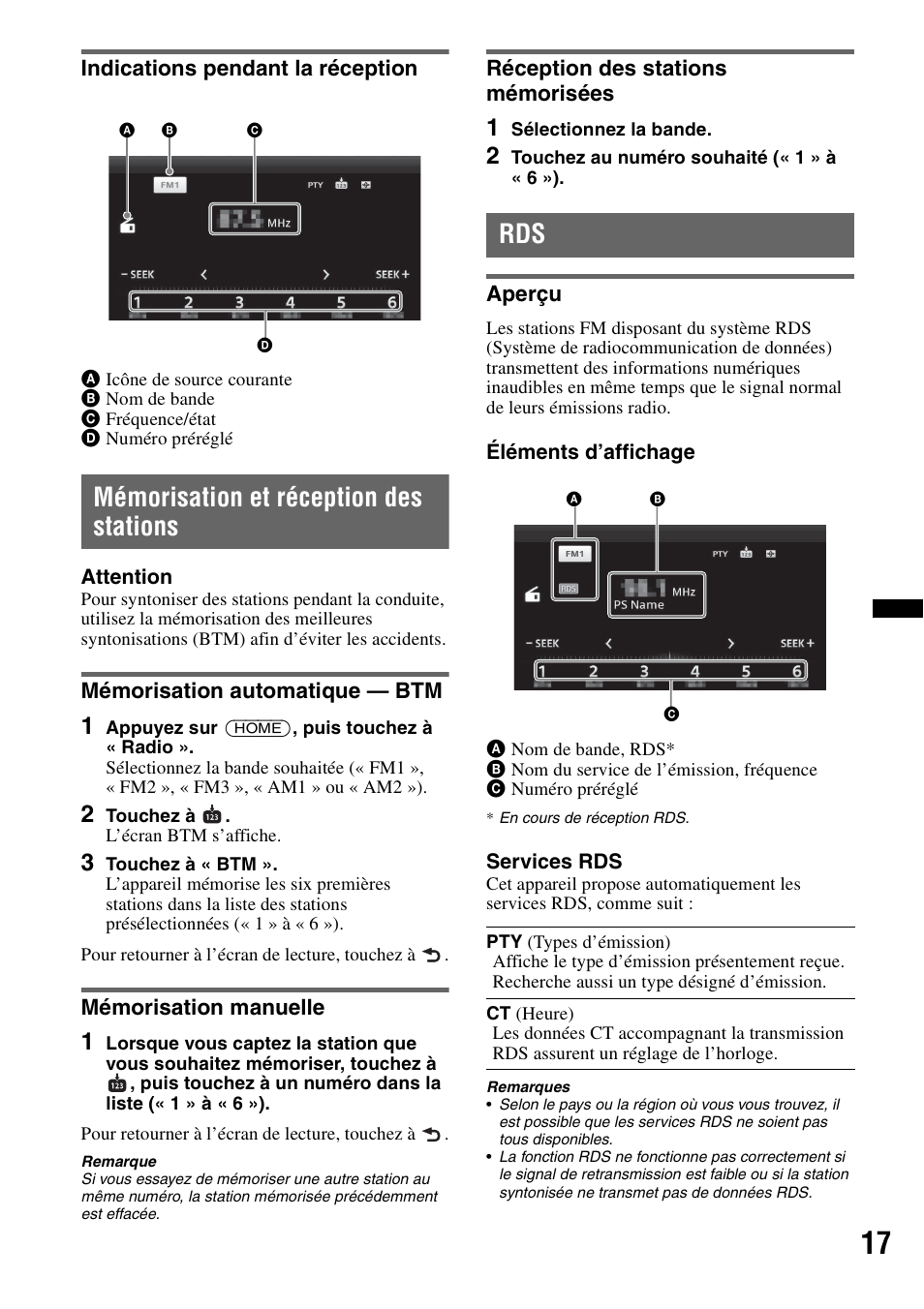 Indications pendant la réception, Mémorisation et réception des stations, Mémorisation automatique - btm | Mémorisation manuelle, Réception des stations mémorisées, Aperçu | Sony XAV-601BT User Manual | Page 87 / 220