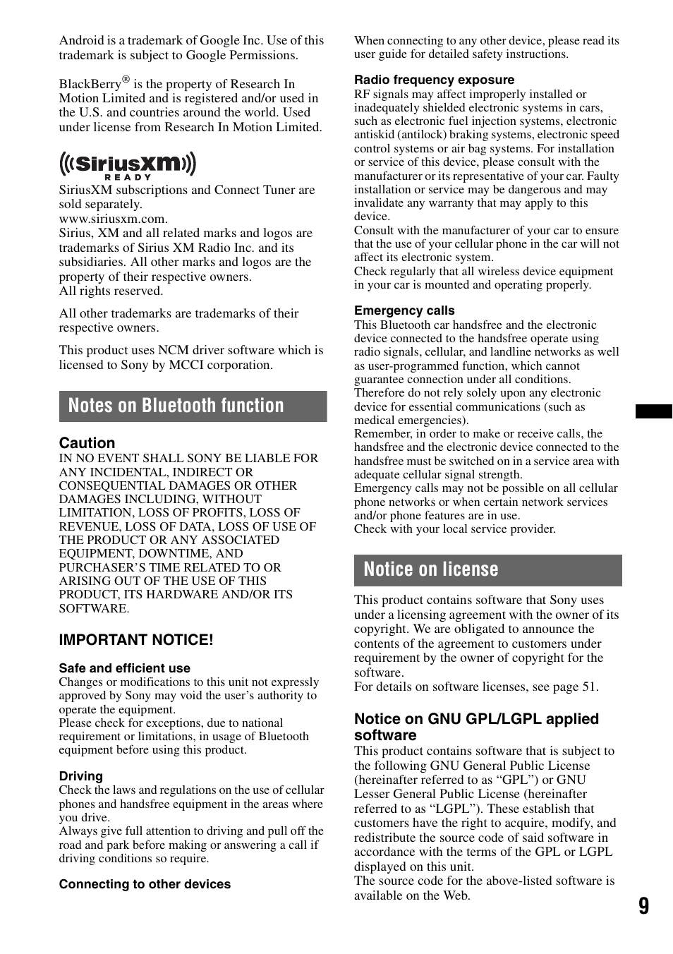 Notes on bluetooth function, Notice on license | Sony XAV-601BT User Manual | Page 9 / 220