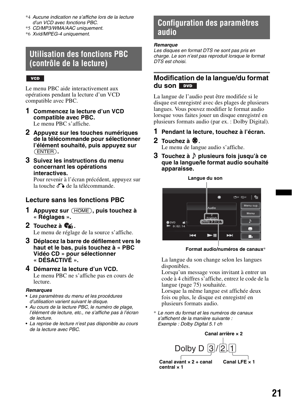 Configuration des paramètres audio, Modification de la langue/du format du son, Dolby d 3 / 2 | Sony XAV-601BT User Manual | Page 91 / 220