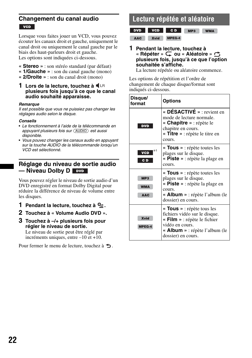 Changement du canal audio, Réglage du niveau de sortie audio - niveau dolby d, Lecture répétée et aléatoire | Réglage du niveau de sortie audio — niveau dolby d | Sony XAV-601BT User Manual | Page 92 / 220