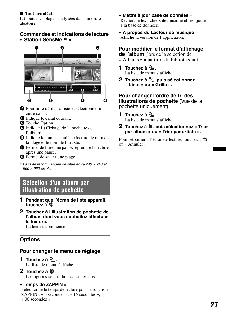 Sélection d’un album par illustration de pochette, Options | Sony XAV-601BT User Manual | Page 97 / 220