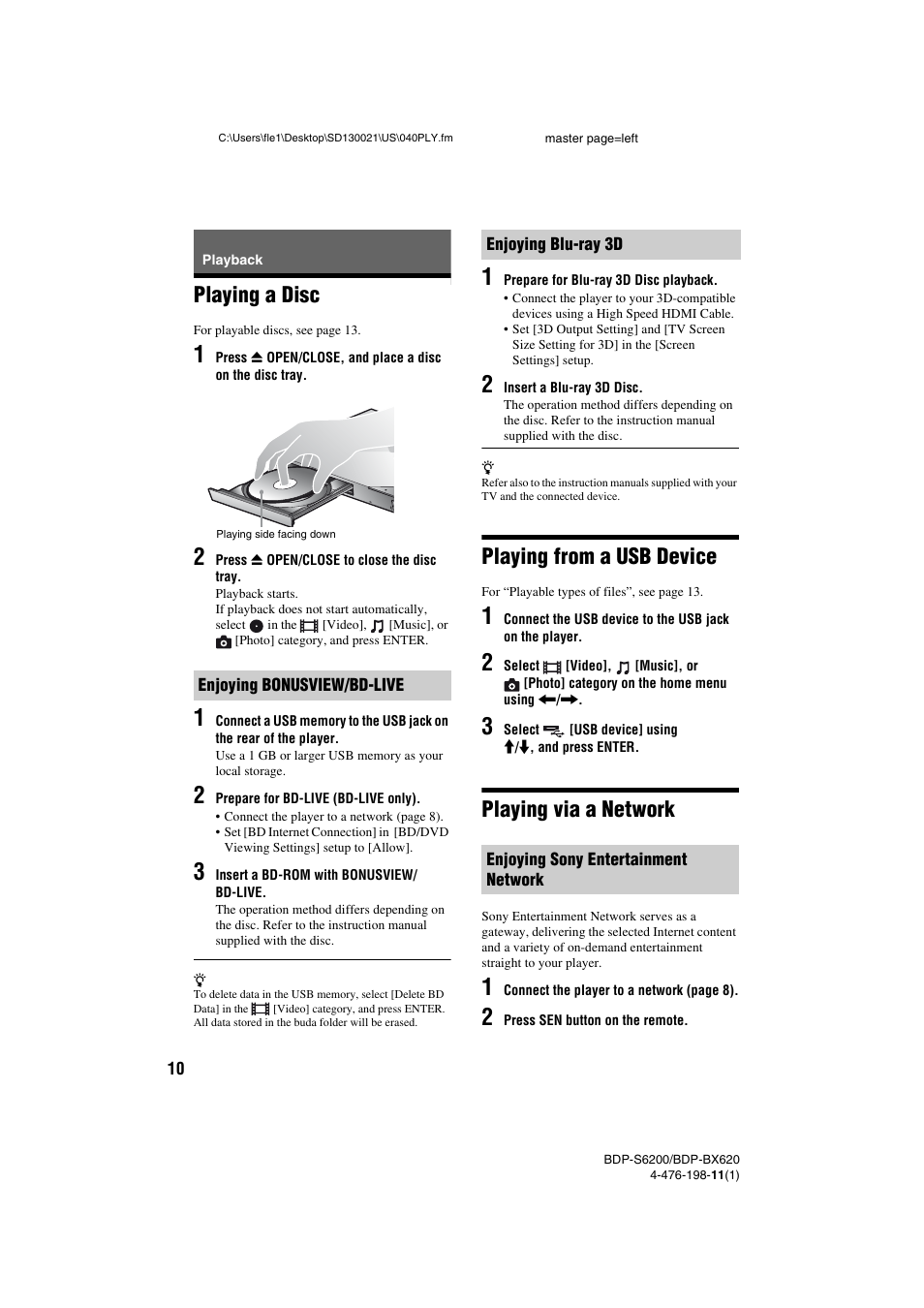 Playback, Playing a disc, Playing from a usb device | Playing via a network | Sony BDP-S6200 User Manual | Page 10 / 16