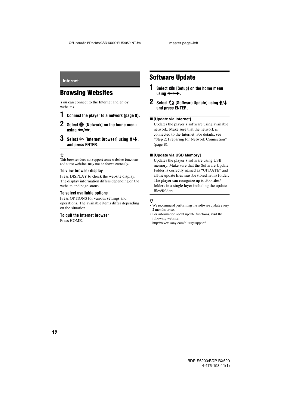 Internet, Browsing websites, Software update | 12 browsing websites 12 software update | Sony BDP-S6200 User Manual | Page 12 / 16