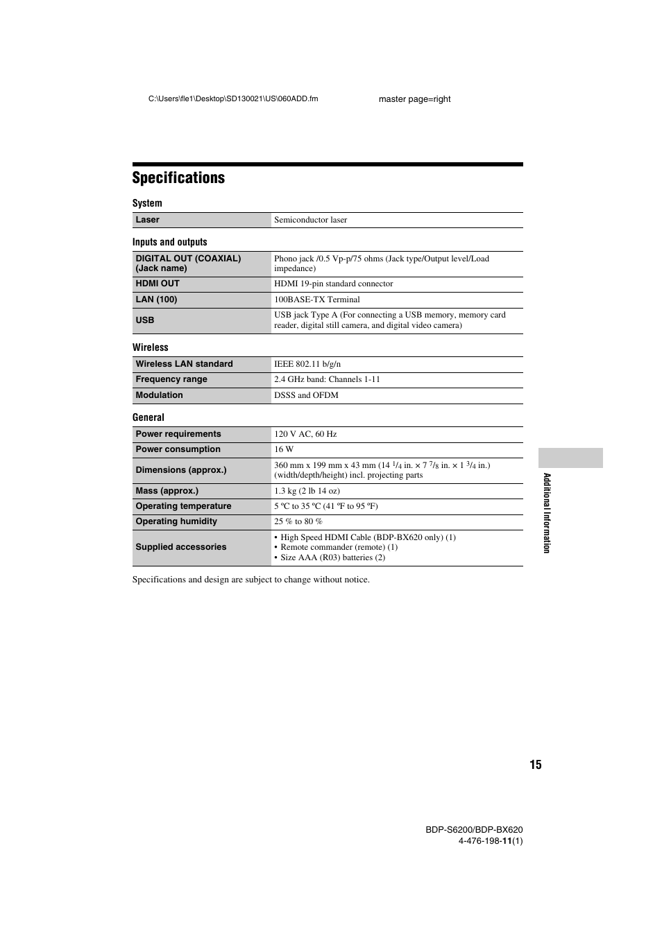 Specifications, 15 specifications | Sony BDP-S6200 User Manual | Page 15 / 16