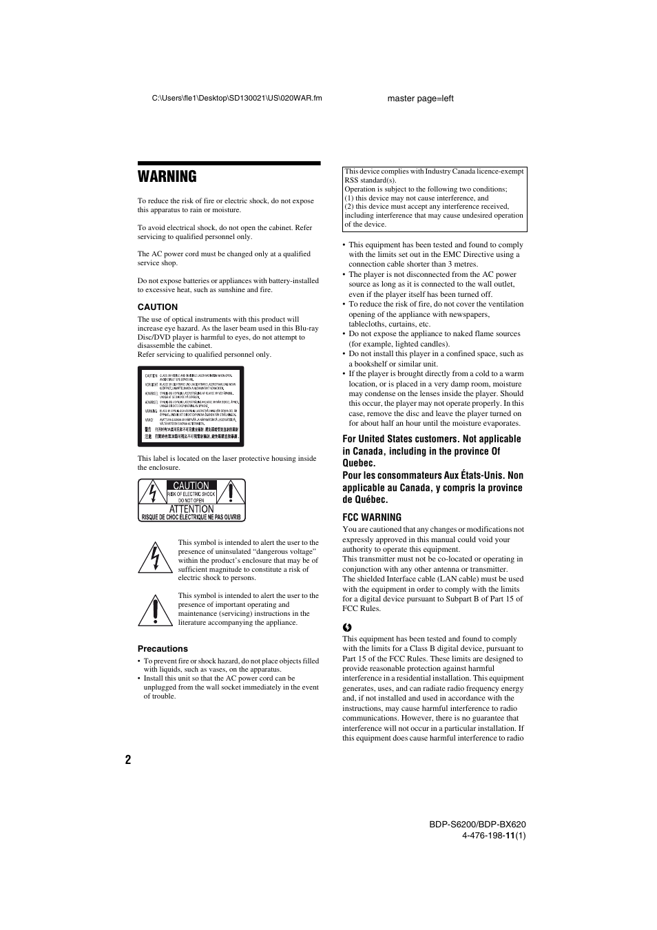 Warning | Sony BDP-S6200 User Manual | Page 2 / 16