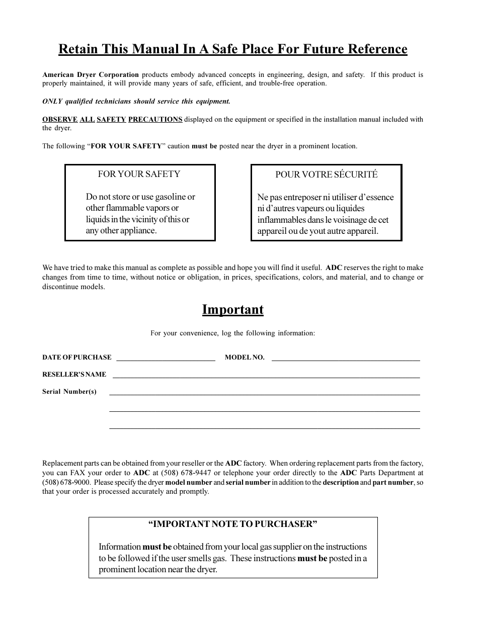 Important, Ad-310 non-tilting | American Dryer Corp. AD-310 Phase 7 User Manual | Page 2 / 81