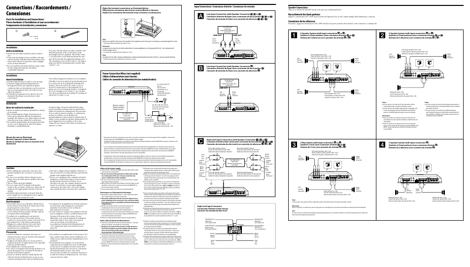 Connections / raccordements / conexiones, Speaker connections, Raccordement des haut-parleurs | Conexiones de los altavoces, Installation, Instalación, Cautions, Avertissement, Precaución, Before installation | Sony XM-GS400 User Manual | Page 2 / 2