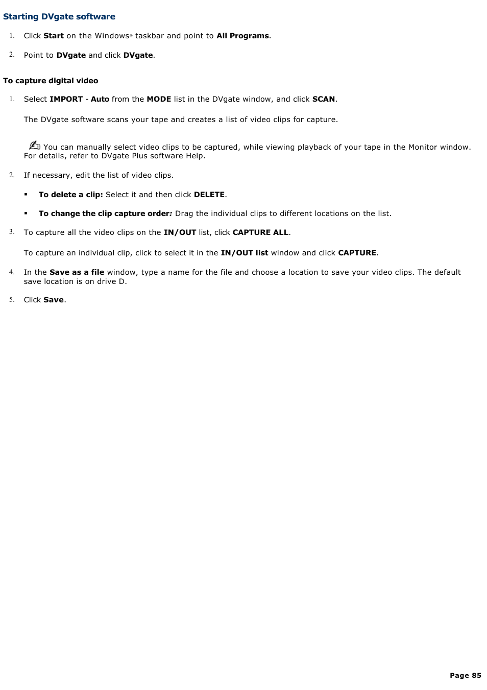 Starting dvgate software | Sony PCV-RS312 User Manual | Page 85 / 161